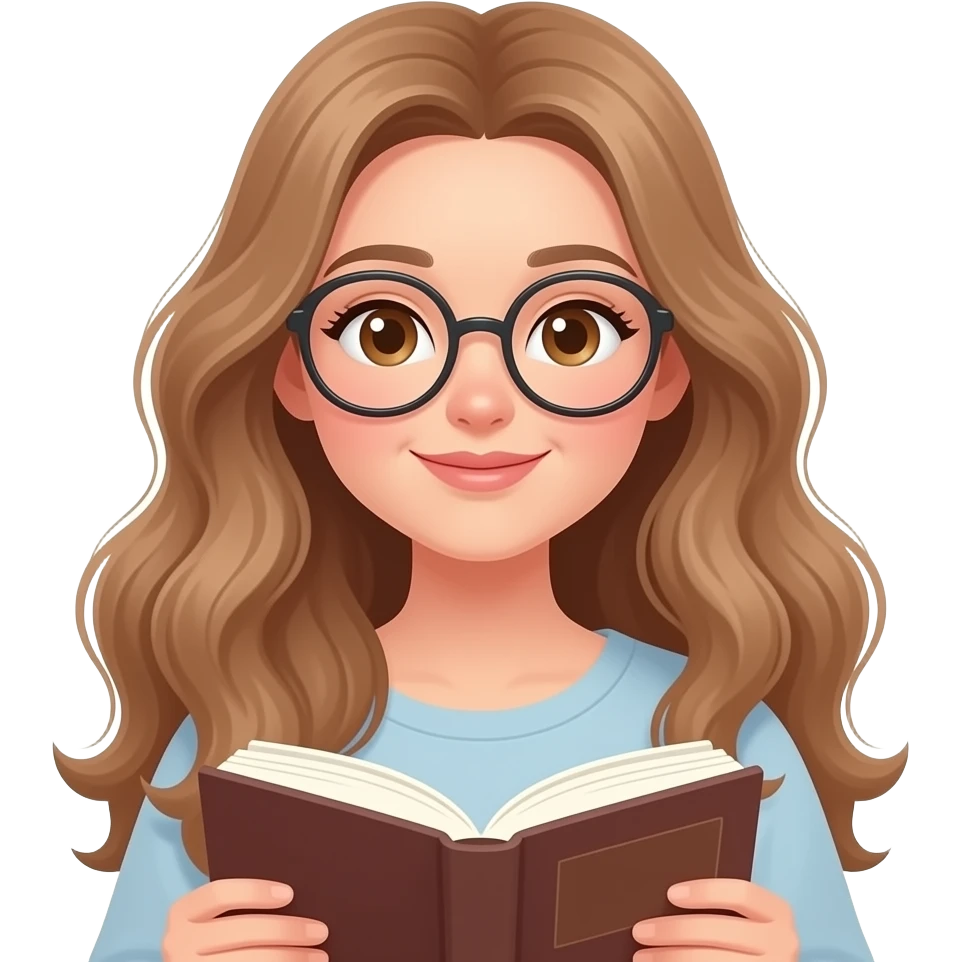 detailed emoji illustration of a curvy woman with long light brown wavy hair, light brown eyes and round glasses reading a book, peaceful expression, cozy atmosphere, cute emoji style emoji
