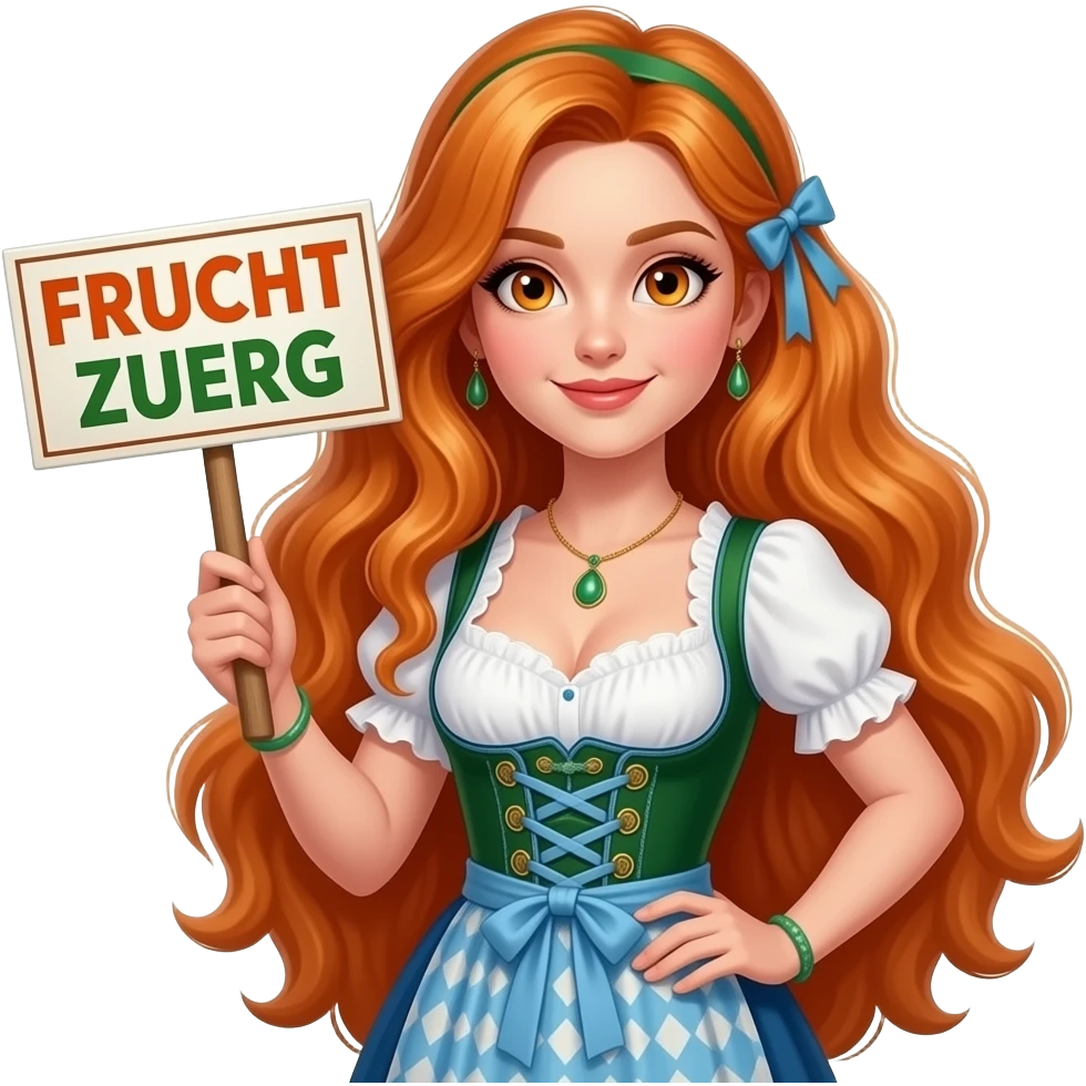 sexy girl with overlong ginger hair and ginger eyes wearing a dirndl holding FRUCHT ZWERG sign emoji