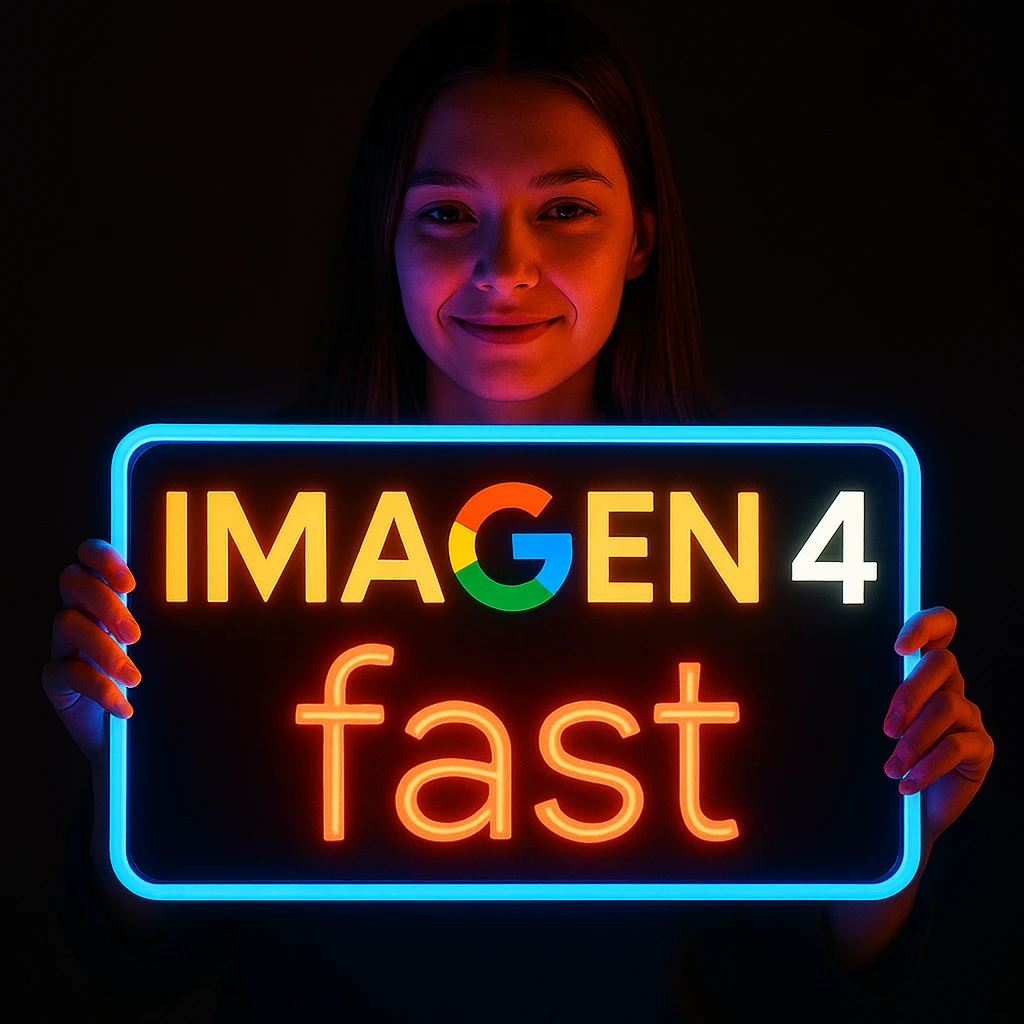 make a girl holding this sign, but sign in made of neon, also add fast below the sign emoji