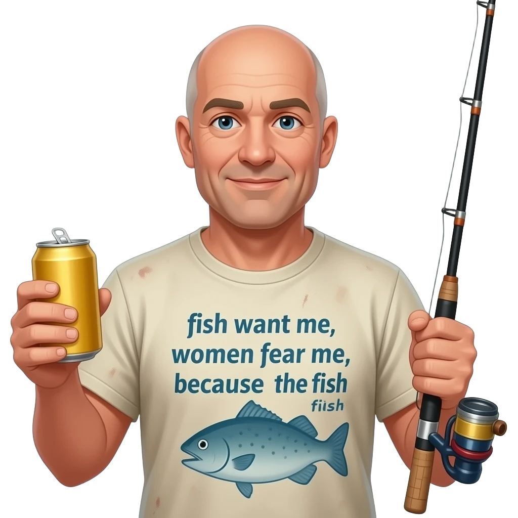 A fisherman wearing a well-worn in t shirt that says “fish want me, women fear me, because I fuck the fish.” He has a beer can in one hand and a fishing rod in the other hand. Make him bald emoji