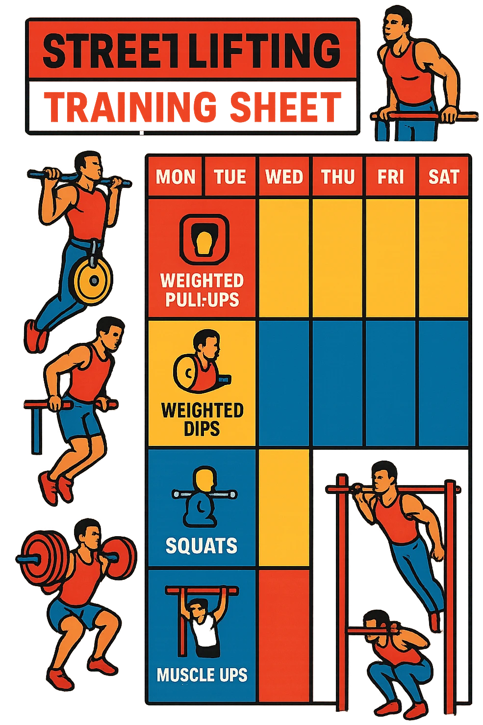 a streetlifting training sheet with icons for each exercise—weighted pull-ups, weighted dips, squats, muscle-ups—organized in a weekly schedule. Around the sheet, small illustrations show athletes performing each movement with proper form. The color palette is bold and energetic, and the background is clean and minimal. emoji