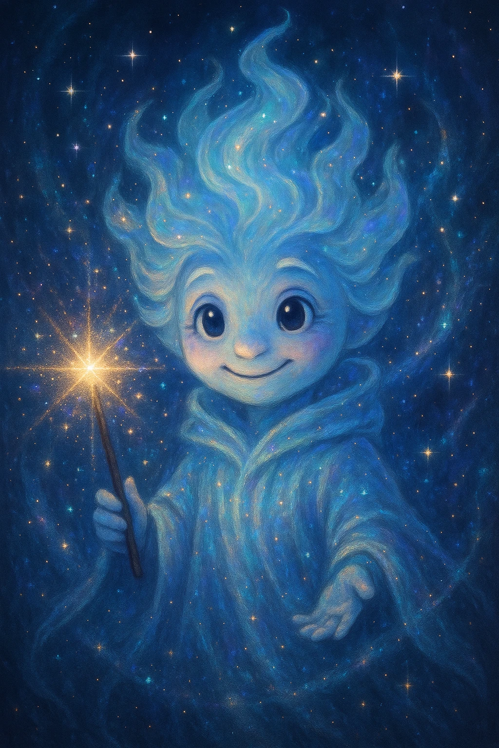 magical AI that grants wishes, sparkling and glowing elements, friendly face, holding a wand, fantasy design emoji