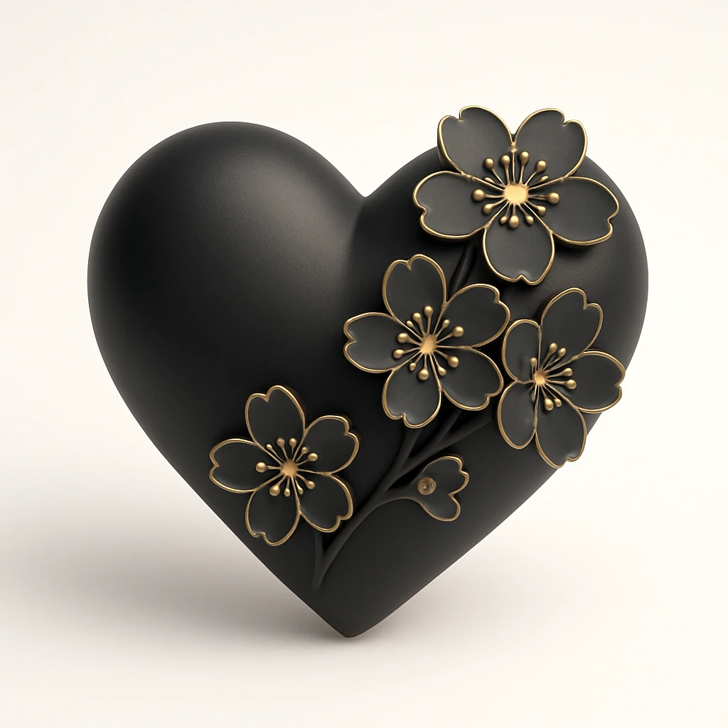 pink heart with sakura flowers, 3D black style emoji