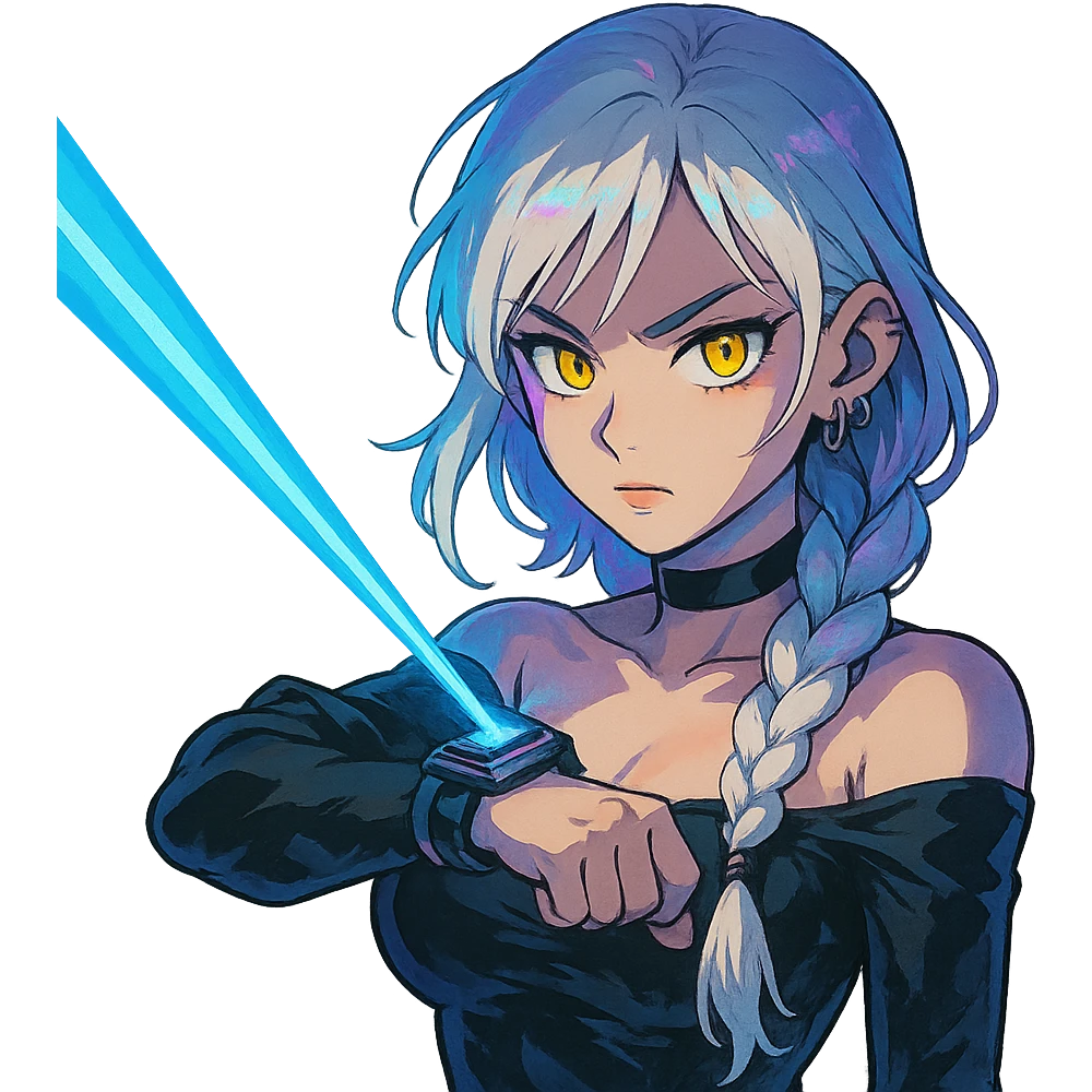  a closeup portrait of young woman with gold yellow eyes, white hair, long braid, black off-shoulder top d-cup, punk gothic style, futuristic cyberwave cyberpunk,  shooting a blue lazer from a small device on her left wrist emoji