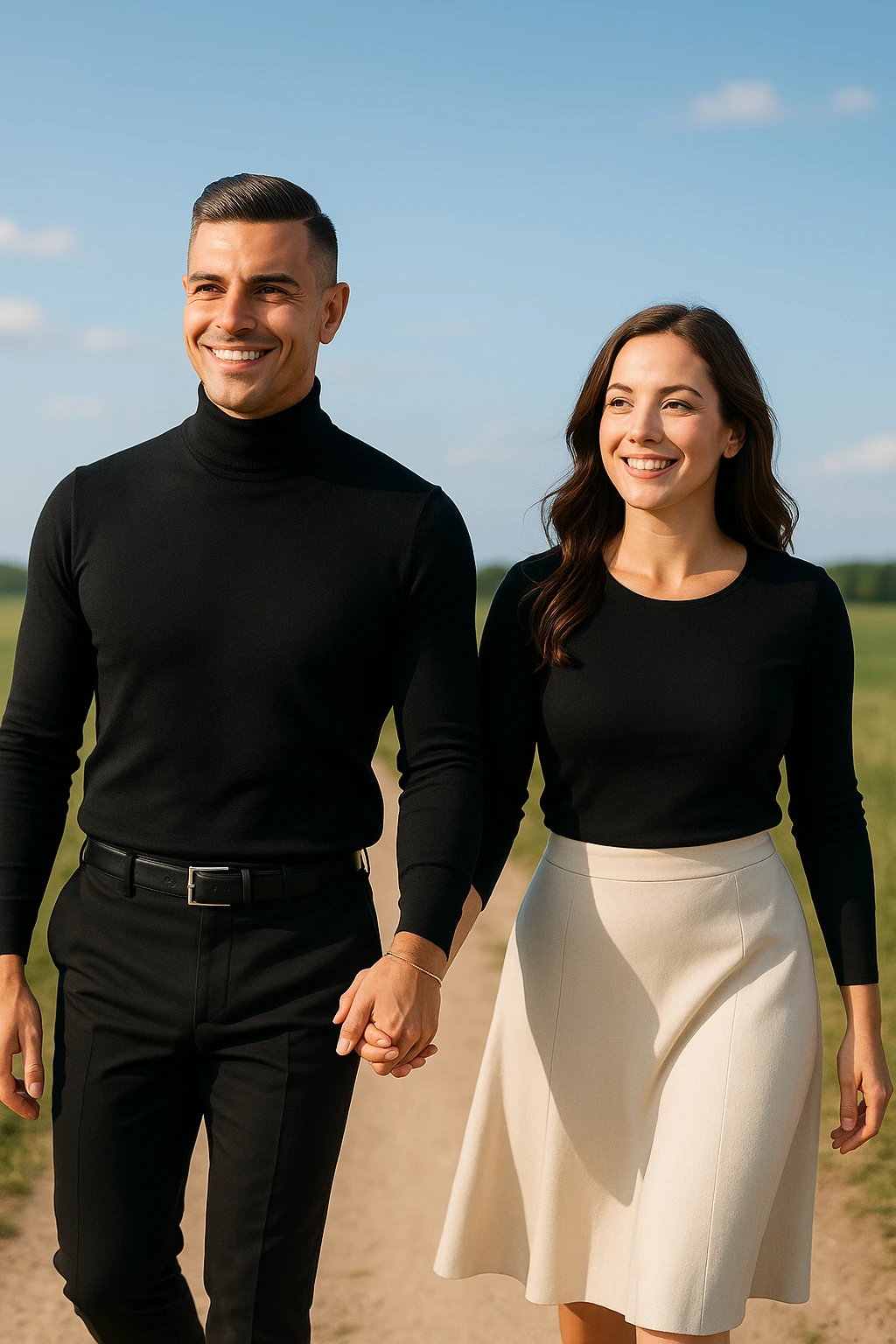 a couple walks together along a path, the man gently leading the way while the woman follows with trust and a smile. Both appear confident and content, symbolizing partnership and mutual respect. The background is a bright, open landscape, evoking a sense of shared journey and harmony. emoji