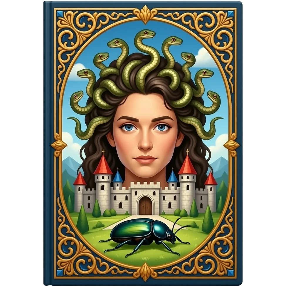 que sea mas bonito el libro que en la portada aya un castillo y un escarabajo y una cara con serpientesen el pelo pero que sea un libro emoji