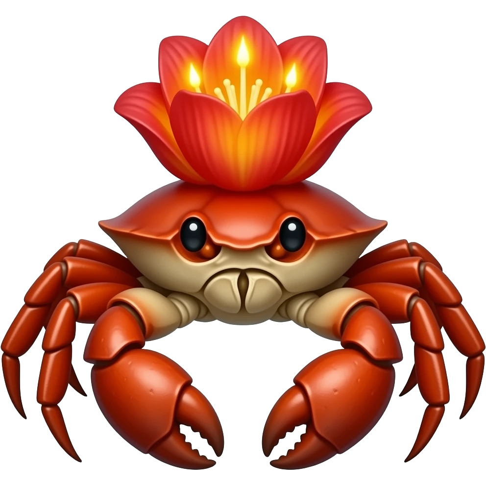 A red crab with a red flower glowing on its back red eyes facing forward emoji