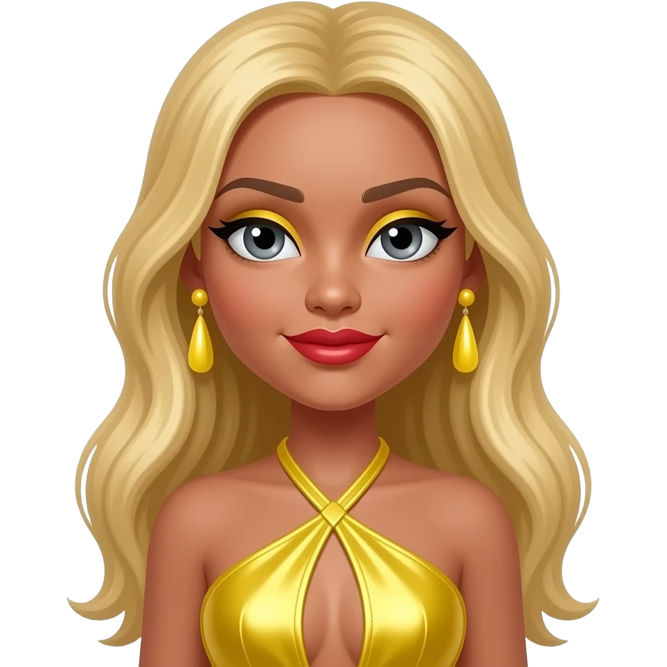 Raya from Bratz with olive skin, grey eyes, long blonde hair, yellow eyeshadow, red lipstick, yellow metallic halter dress, yellow earrings emoji