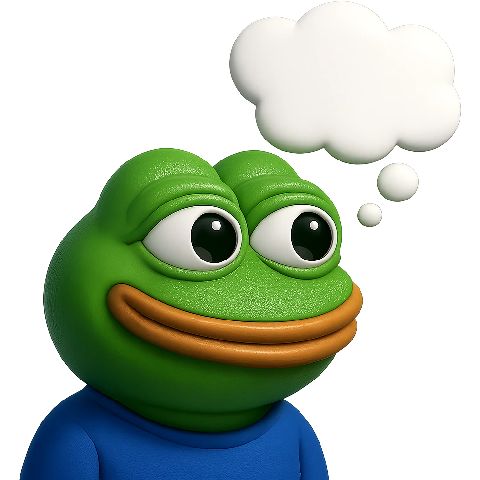 make a pepe in bright green smiling with thought bubble looking at left side in 3d style, good highlights and shadows, drop shadows emoji