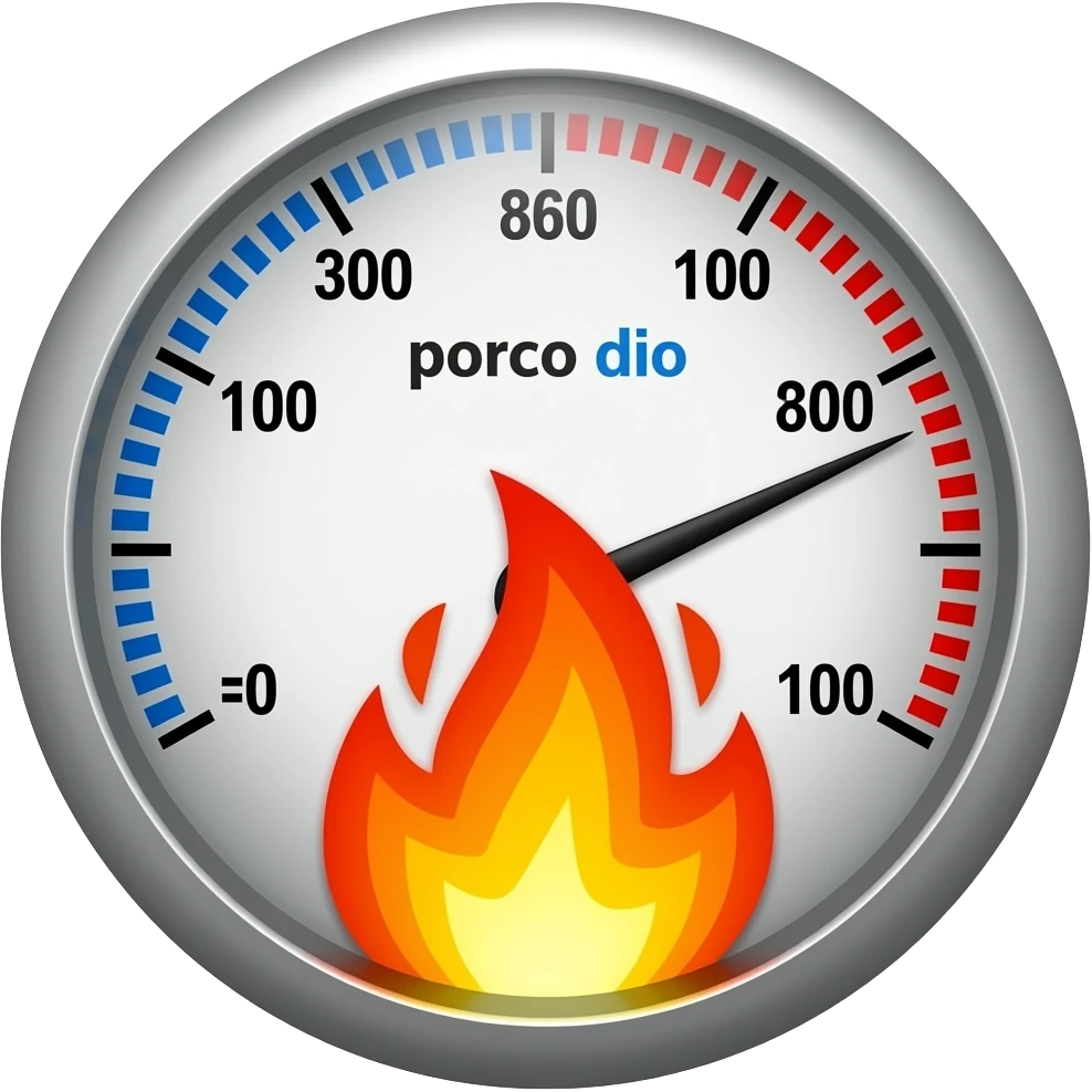 text "porco dio", on a meter to the max, values 0 to 100, meter to 600, explosion, fire emoji