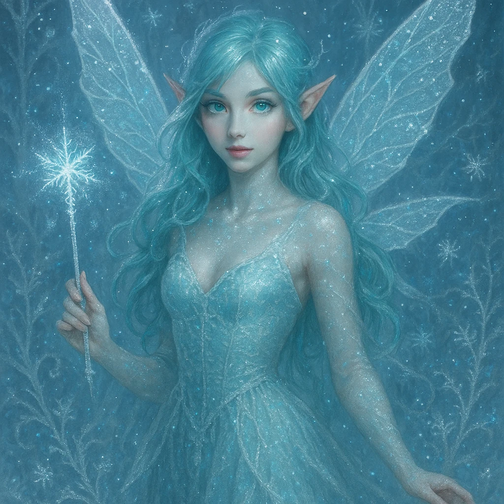 ice fairy with aqua-colored eyes and hair, holding a frosty wand, shimmering, elegant, fantasy style emoji
