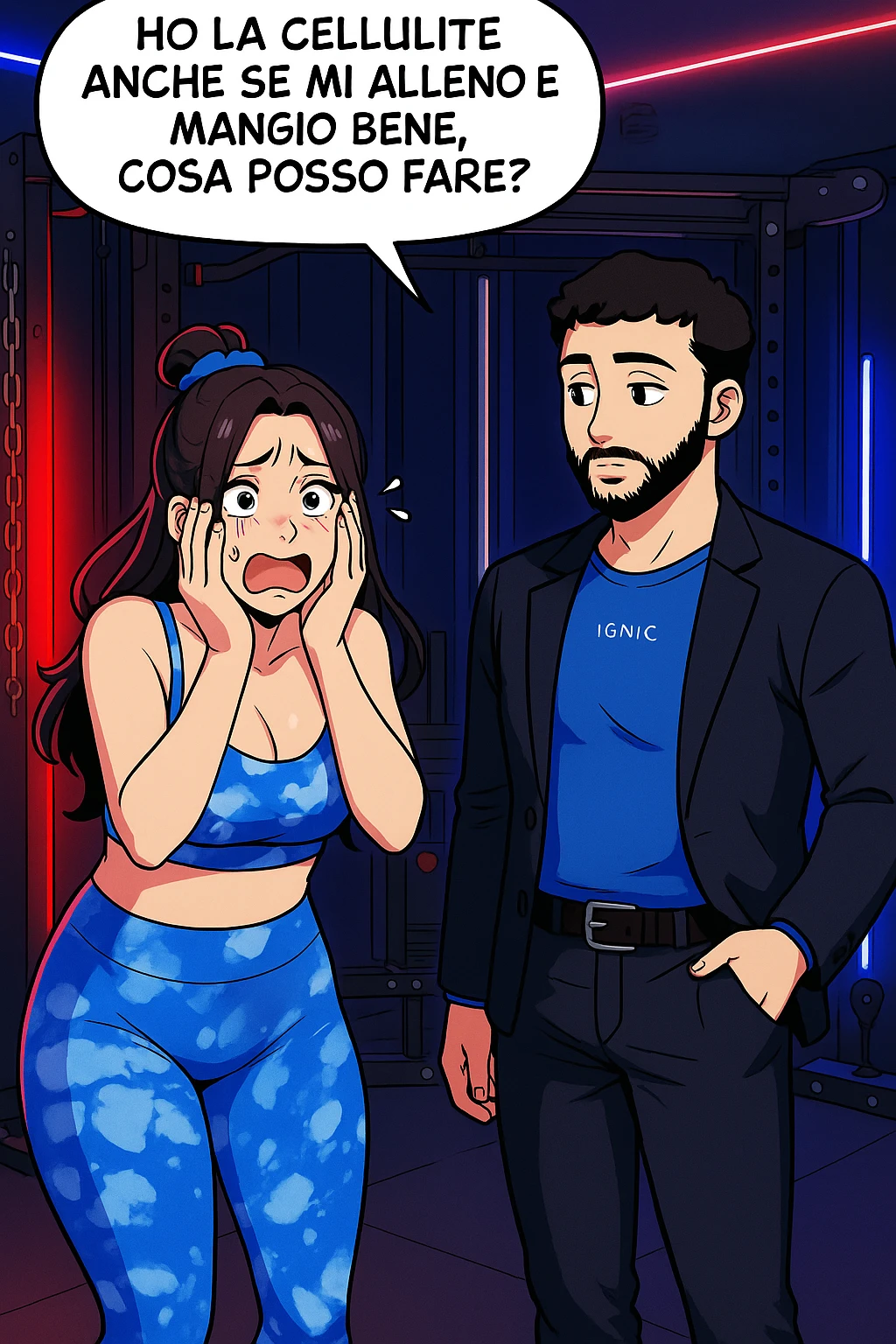 TRASFORMA QUESTO CAROSELLO IN UN FUMETTO STILE WEBTOON/MANGA A COLORI CON QUESTE DUE PERSONE IDENTICHE CHE INTERLOQUISCONO TRA LORO, LA DONNA è DISPERATA CON LE MANI SULLE GUANCE E STA DOMANDANDO TUTTA AGITATA UNA COSA ALL'UOMO:

LEI (DONNA): Ho la cellulite anche se mi alleno e mangio bene, cosa posso fare? emoji