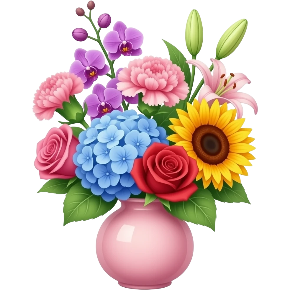 a bunch of flowers in a pink vase with little purple orchids, a pink carnation, a blue hydrangea, a red rose, a sunflower and a lily emoji