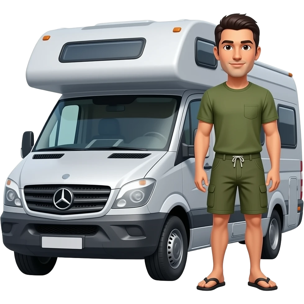 Slim military cut dark haired man in shorts and flip flops standing next to a grey Mercedes low roof roadie style rv with a dig and parrot emoji emoji