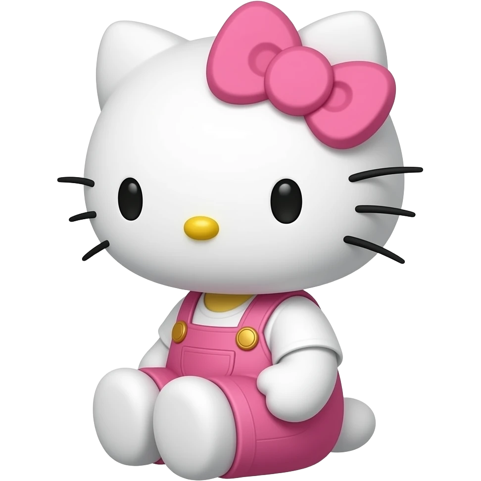 Side shot of hello kitty sitting down wearing pink ovaeralls and a white shirt with a pink bow emoji