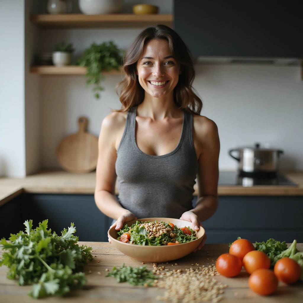 Woman with balanced physique, smiling while preparing a colorful salad with fresh vegetables, whole grains, and seeds, hyperrealistic 4K details, modern kitchen environment. Variant 3. emoji