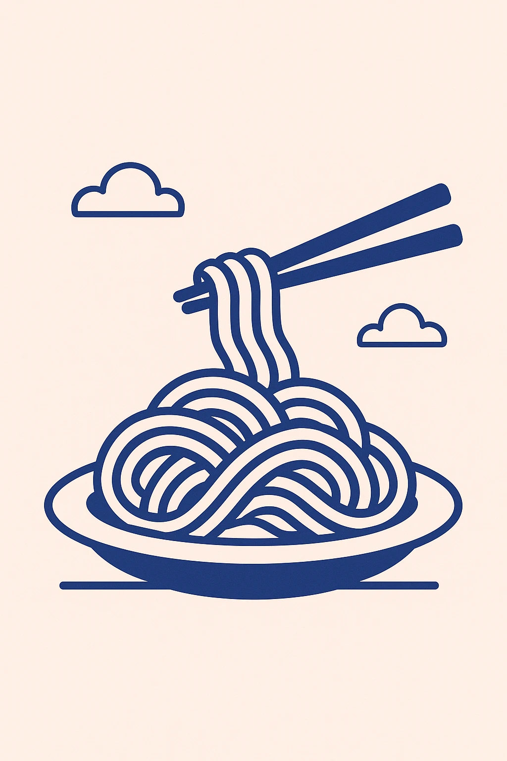 a plate of noodles with chopsticks, simple and modern, flat blue illustration emoji