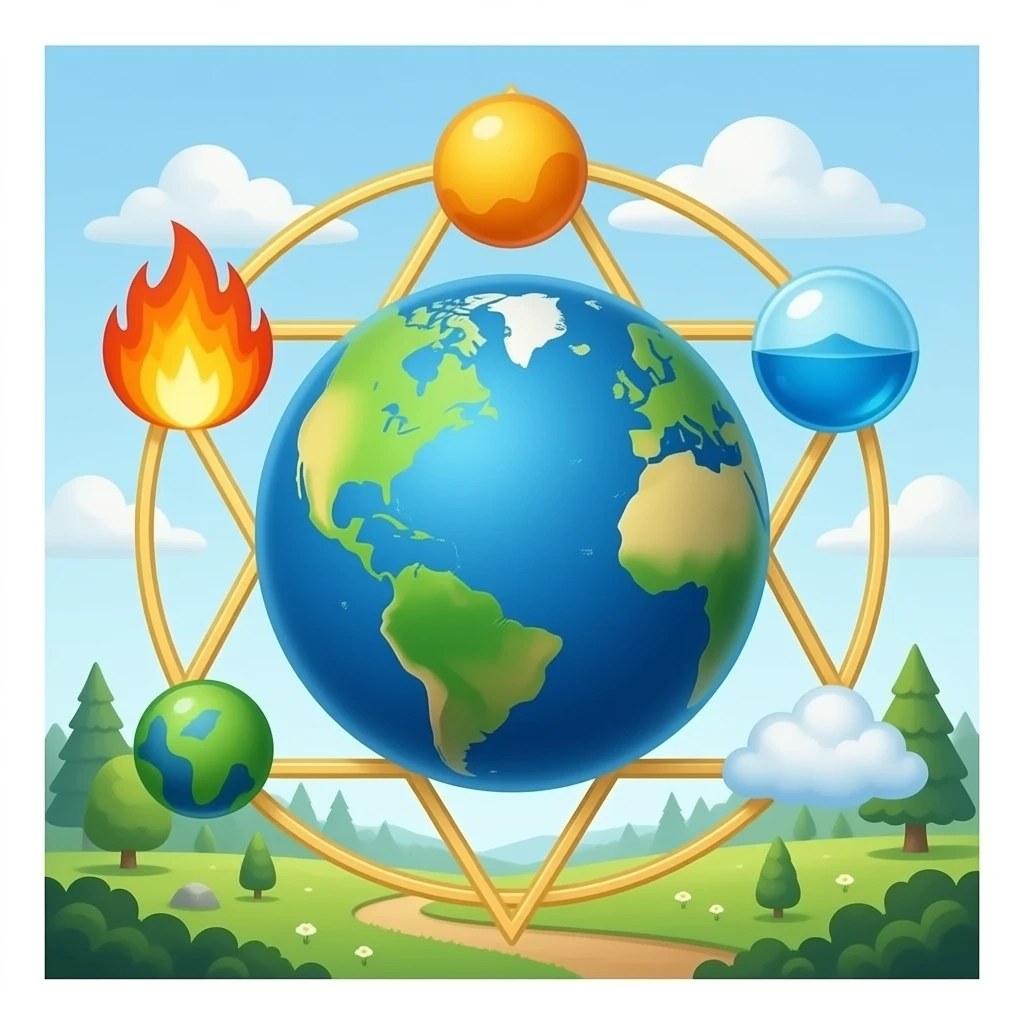 mystical planet with elemental emblems, surrounded by Sacred Geometry of fire, water, earth, and air emoji