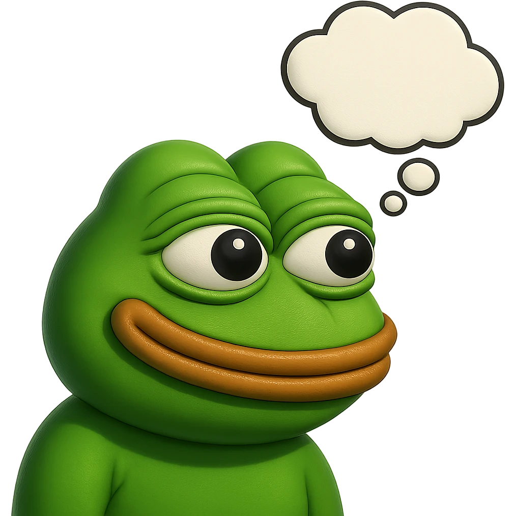 make a pepe in bright green smiling with thought bubble looking at right side in 3d style, good highlights and shadows, drop shadows emoji