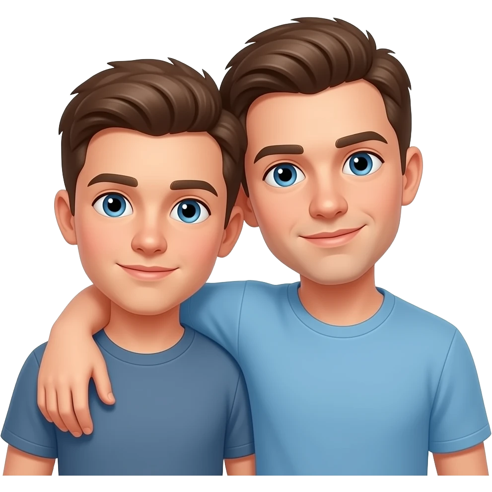Erstelle ein Emoji von zwei Brüder, der eine um die 20 und der andere um die 24, der älter Bruder legt sein Arm über sein jüngeren Bruder und beide legen die Köpfe aneinander. Beide haben blaue Augen emoji
