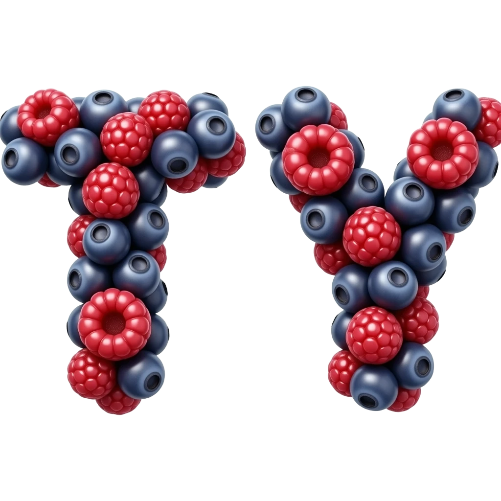 TWO👉 "letters T and Y made of berry (blueberry or strawberry) texture, glossy and juicy, 3D glossy, smooth rounded shapes, cute cartoon style, isolated on white background, high detail" emoji