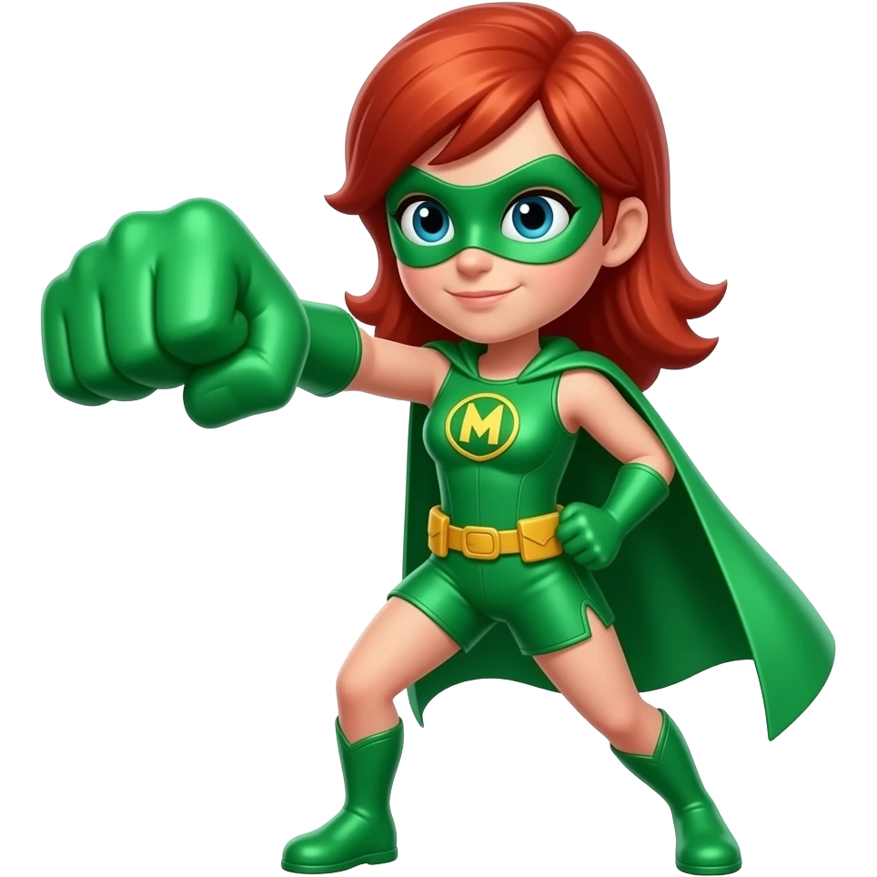 quiero que me hagas a una superheroina con el pelo pelirrojo mascara verde i con un traje verde que sea una niña cuerpo entero que este pegando un puñetazo emoji