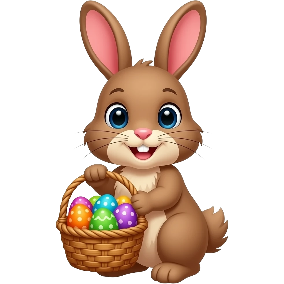 Cute brown easter bunny emoji with a basket of colorful eggs emoji