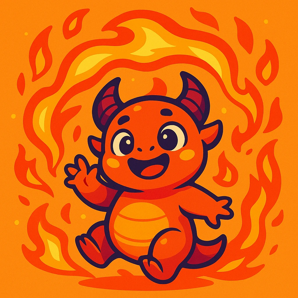 a baby monster with fire swirling around it, vibrant colors, playful and friendly expression, fantasy illustration emoji