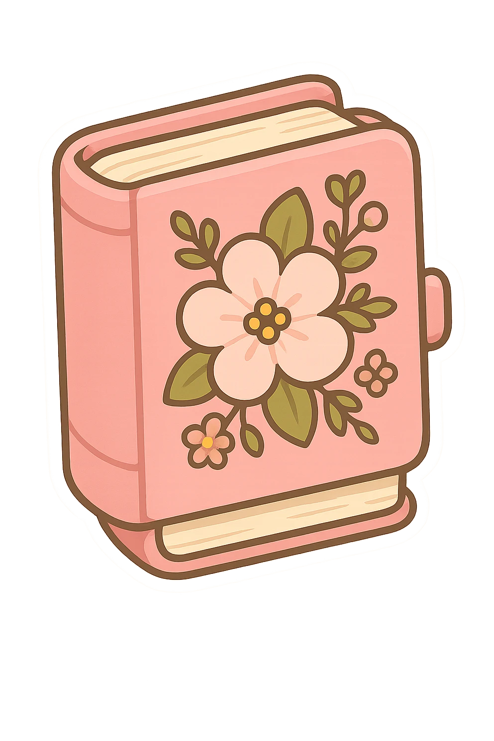 chibi sticker-style book with a pink cover, floral details, girly, cute and exaggerated emoji