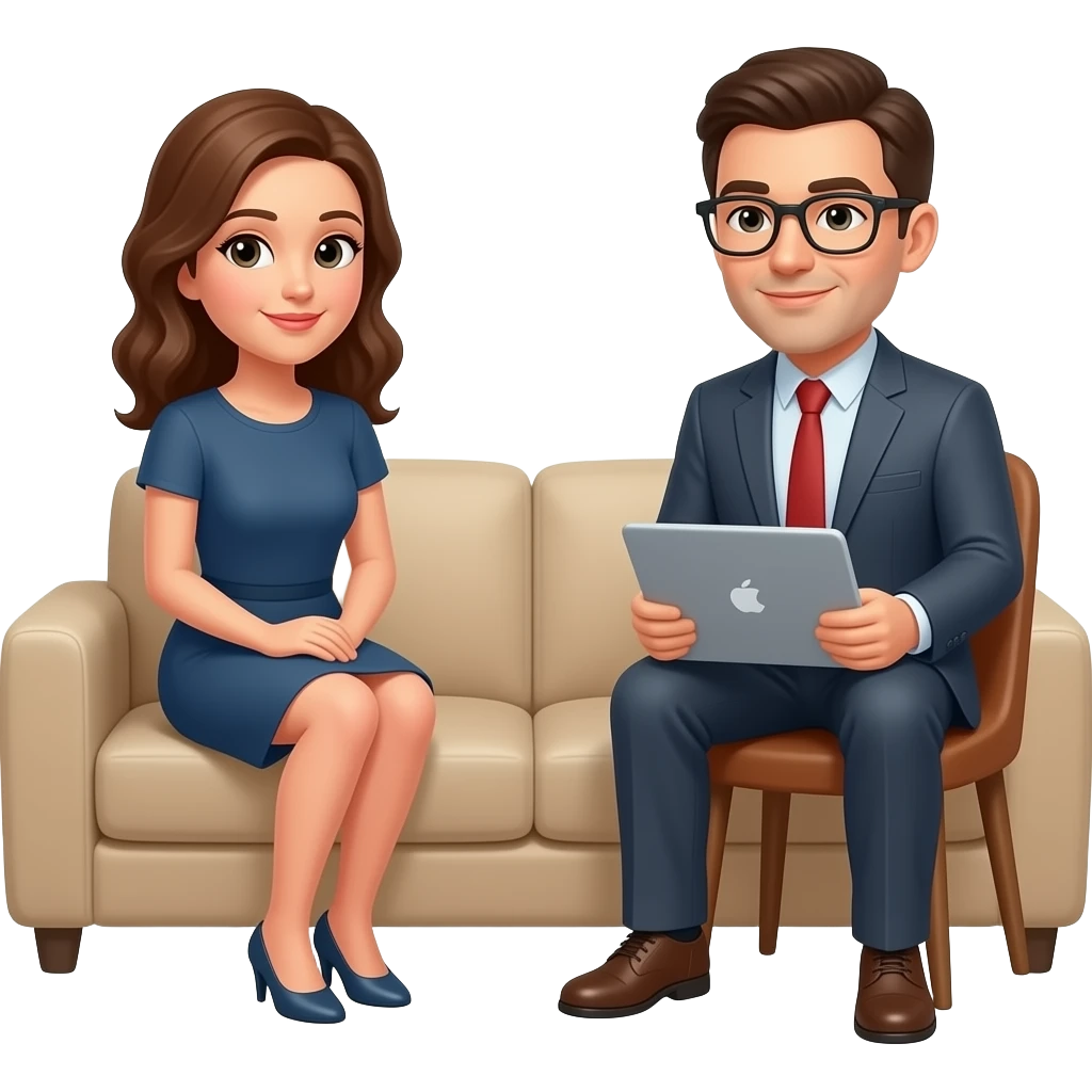 psicologo sentado en una silla  atendiendo a una mujer en un divan emoji