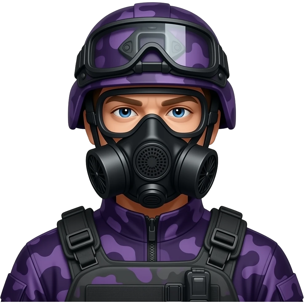 Man with two middle fingers black gogglesin dark purple camoflage tactical gear helmet full face dark purple gasmask emoji