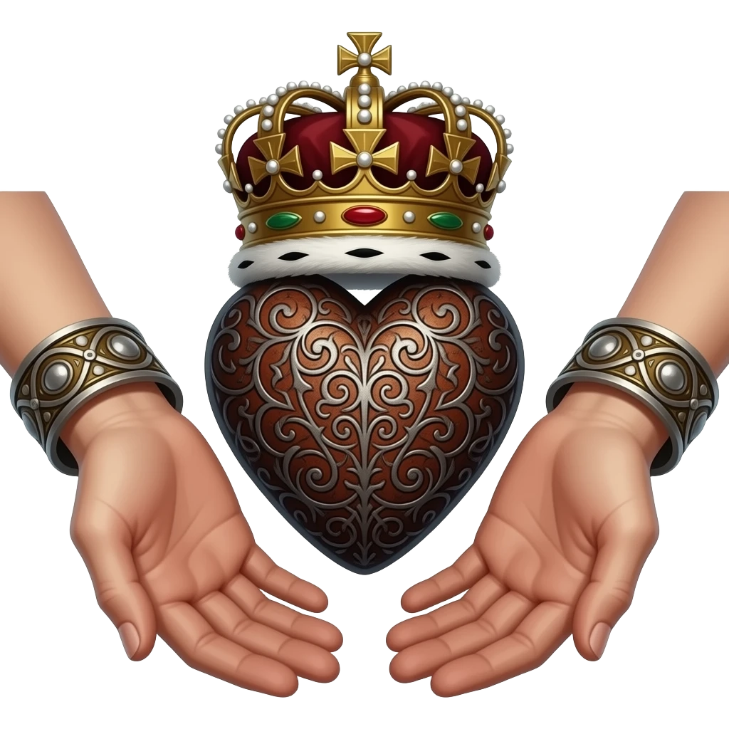 two elegant  hands with metal bracelets touch with their fingers a rusty heart richly ornamented with arabesques with a richly decorated royal crown,  (fingers are facing down and palms are facing up)   - dramatic lighting - backlight emoji
