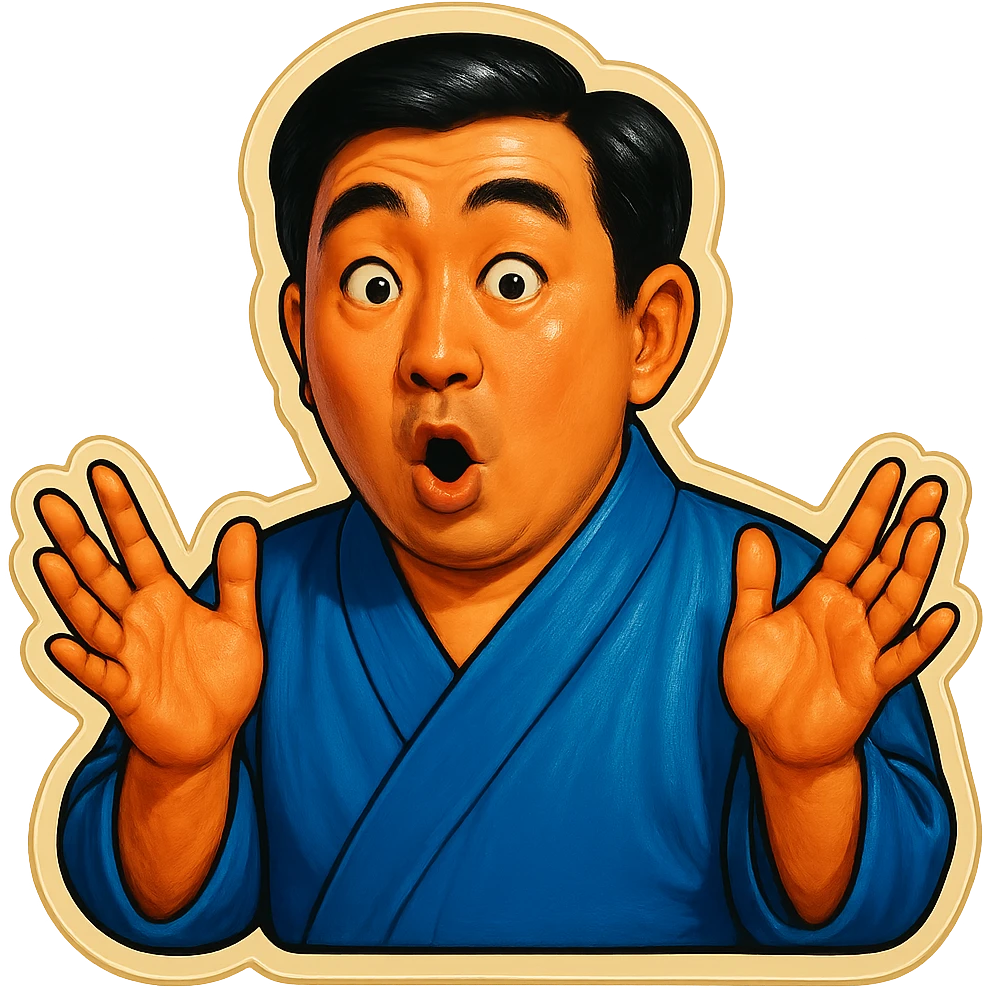 The same Japanese man in traditional kimono looks at the viewer with a surprised look, and his hands are empty emoji