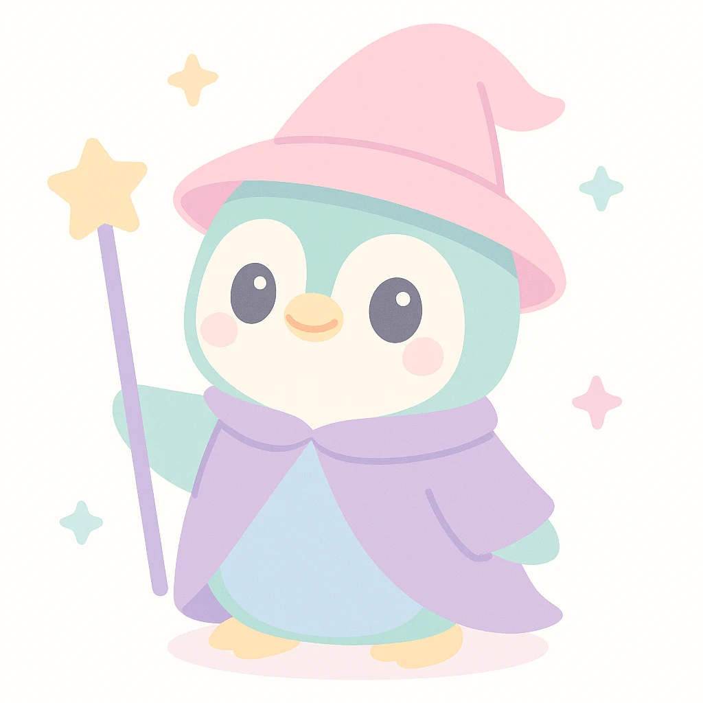 a penguin dressed as a wizard, with a pointy hat and a magic staff, in a fun and whimsical style emoji