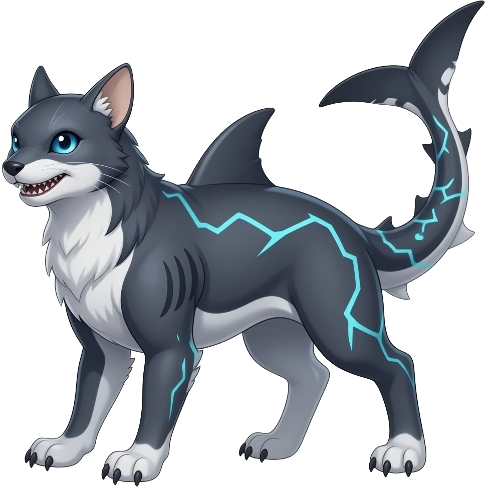4-legged digitigrade dark badass edgy earless landhai-Latias-Latios-carvanha-sharpedo-Electrike-Manectric-hybrid-fusion-creature, with a long shark tail behind, full body emoji