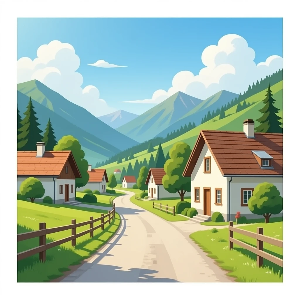 quiero un publo tipico de montaña con los abitantes muy tranquilos quiero que se de esta epoca i con habitantes emoji