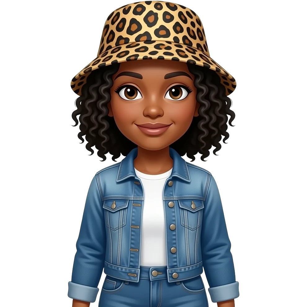 African American woman with shoulder length curly black hair wearing a leopard print bucket hat wearing a white shirt wearing a denim jacket and denim jeans emoji