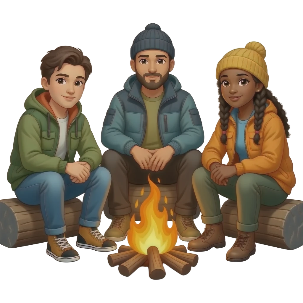 race neutral people around a campfire wearing camping clothing emoji