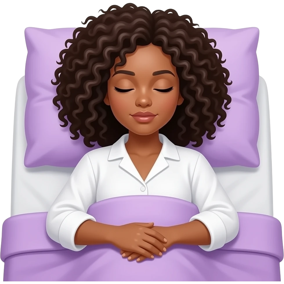 Morena com cabelo cacheado tipo 3c um pouco abaixo do ombro dormindo numa cama com uma blusa branca e o lençol lilas sexy ela é parda emoji