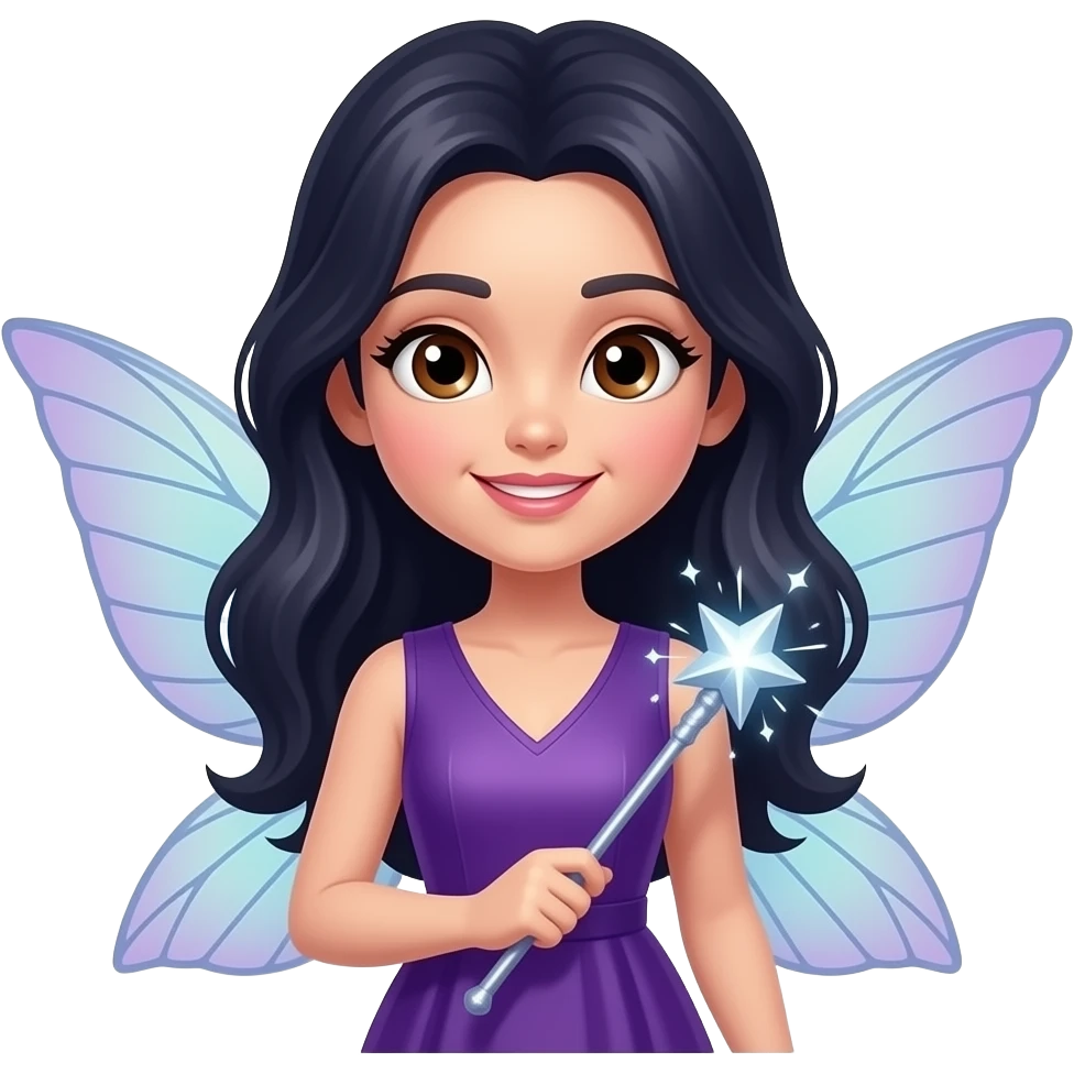 fairy godmother with magic wand face, with dark hair, brown eyes, with wings, face closeup emoji