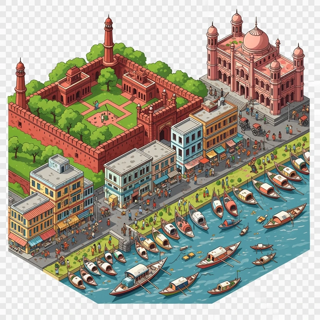 Isometric minimalistic illustration of Dhaka – Lalbagh Fort, Ahsan Manzil, bustling river boats, dirty colorful streets, subtle 3D miniature effect and Tilt Shift effect, no cartoonish look, transparent background. emoji