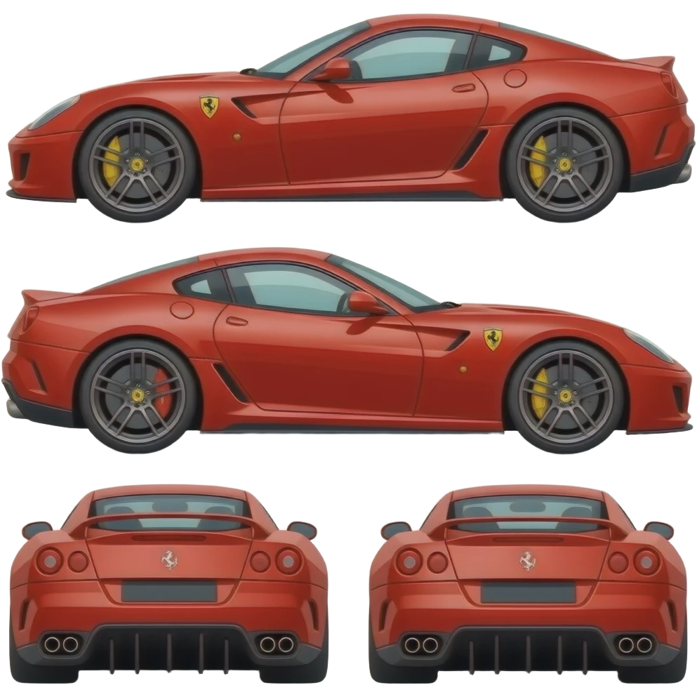 ferrari 599GTB, perfect proportions of wheels and tires, front end and rear end and middle of car compressed like a cartoon drawing, exaggerated emoji