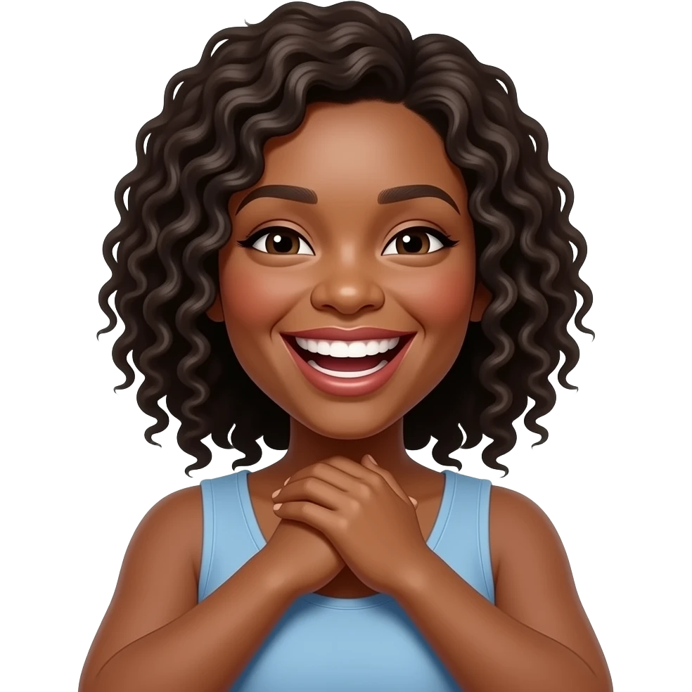 Black woman with hands crossed on their neck holding it laughing emoji