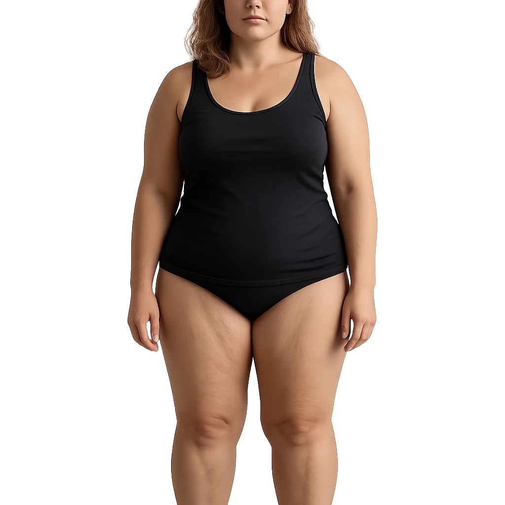 hyper realistic 4K woman standing, visible fat on thighs and legs, normal physique, skin details, natural light emoji