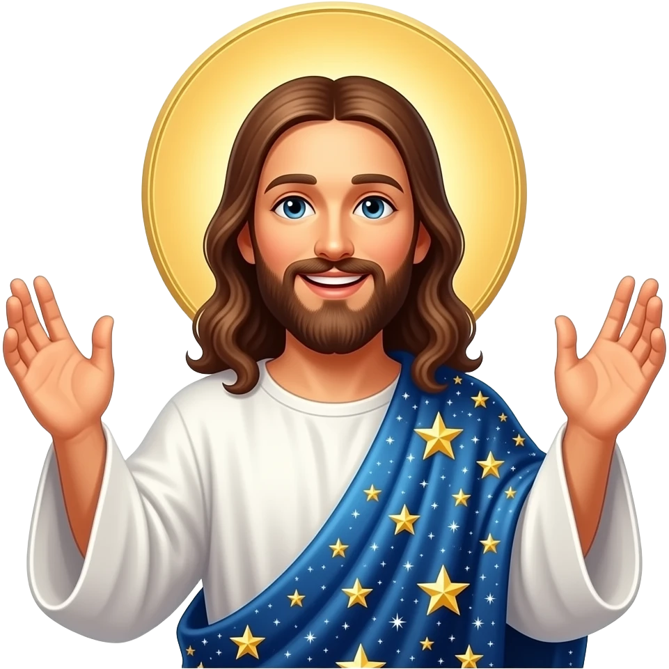 Jesus smiling and wearing a starry celestial robe and a halo behind him and hands risen up emoji