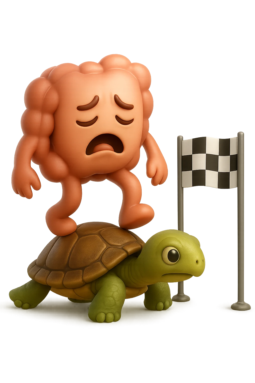  EMOJI STILE IPHONE 3D DI UN INTESTINO CON ESPRESSIONE ANGOSCIATA CHE CAMMINA SUL GUSCIO DI UNA TARTARUGA IN ATTESA ESTENUANTE DI RAGGIUNGERE UN TRAGUARDO POCO PIù AVANTI, SULLA LORO DESTRA. IL TRAGUARDO è UNA BANDIERA A DUE PIEDI CON FASCIA A SCACCHI BIANCHI E NERI. iperrealistico 4k emoji