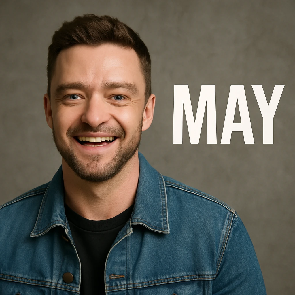 realistic style, Justin Timberlake lookalike smiling and saying 'MAY' emoji