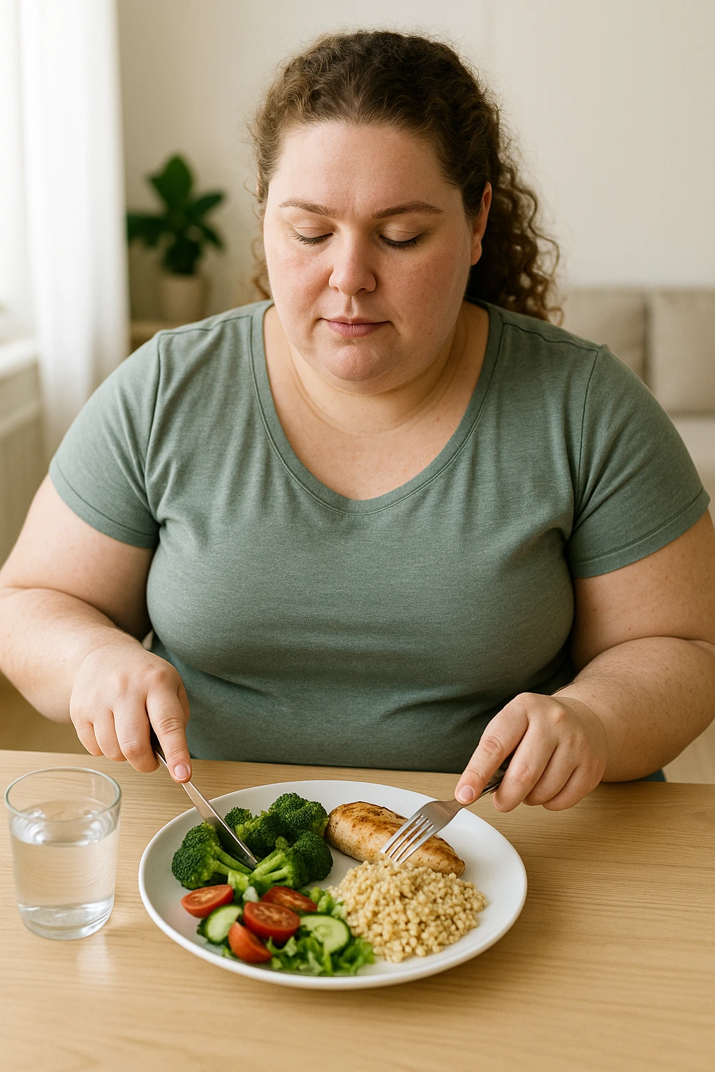 Donna con Lipedema che fa la dieta per migliorare anche a causa della sua PCOS, immagine realistica emoji