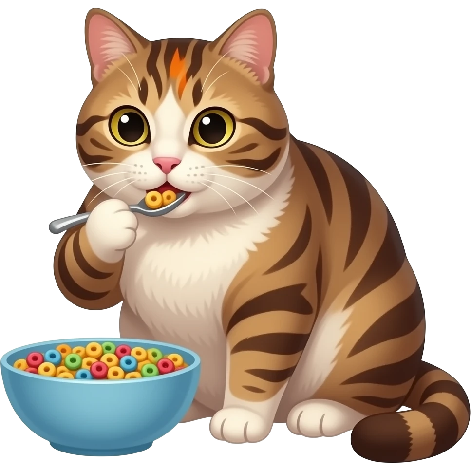 Fat Brown and cream color tabby cat with orange spot on forehead. Eating a bowl of froot loops cereal emoji