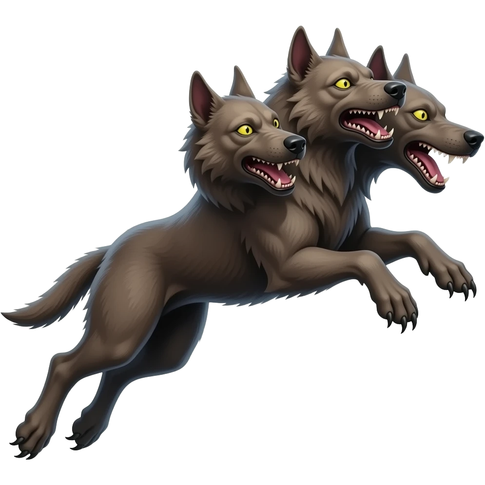 cinematic - cerberus, a three-headed creepy hellhound in a jump emoji